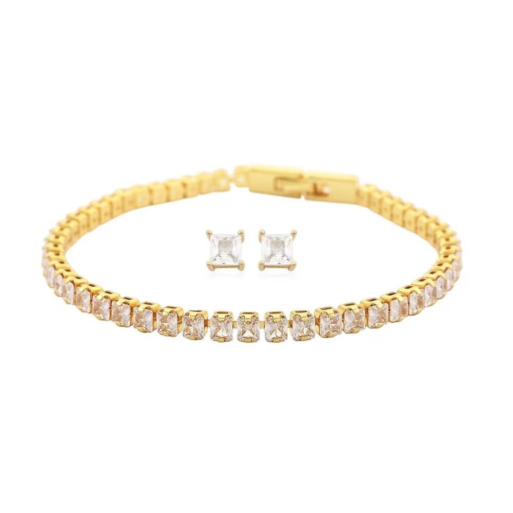 💎NEW Simulated Diamond Square Tennis 7”Bracelet and Earrings Set in Goldtone